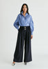 Puff Sleeve Shirt with Ruffled Collar in Blue Stripes Front